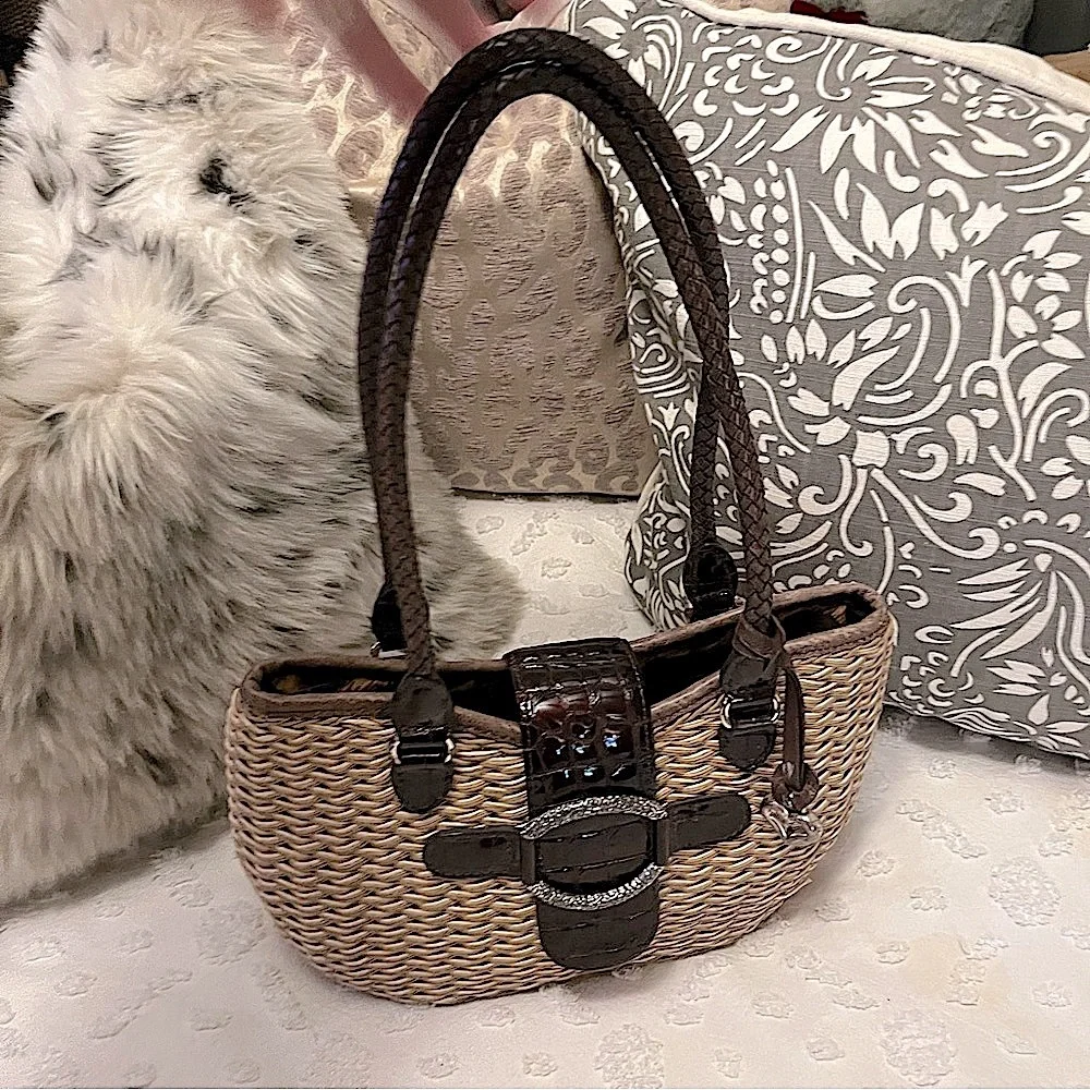 Brighton Basket Weave Brown Leather Braided Straps Croc Embossed Shoulder Bag
